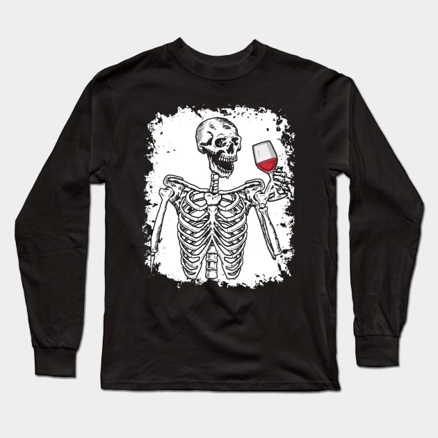 Halloween Shirt Wine Drinking Skeleton Skull Long Sleeve T-Shirt by Pelman